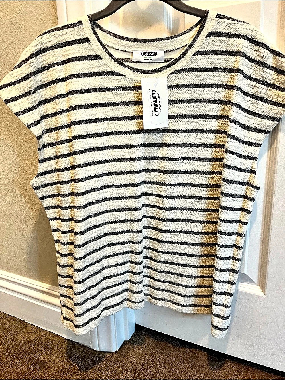 Double Zero Striped Round Neck Short Sleeve Short Sleeve Top Black and Cream